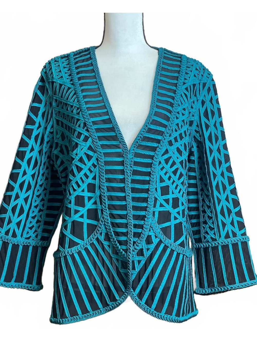 Chico’s Traveler jacket with teal ribbon on black mesh, size large (2)